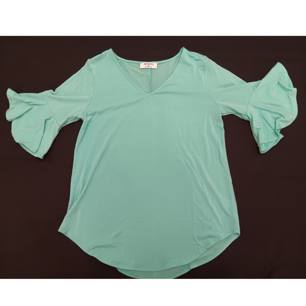 Boho Summer Zenana Mint Green V-Neck Bell Sleeve Top Women's Medium Relaxed Fit